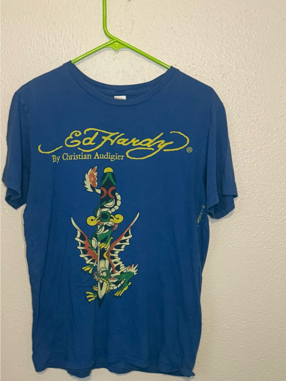 Ed Hardy Royal Blue Tee with Yellow Script and Multicolor Tattoo Graphic size M